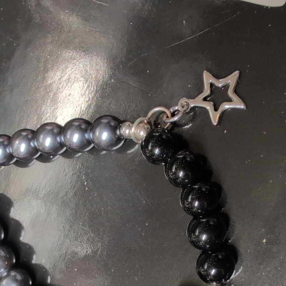 Black and Gray Beaded Rock And Roll Bracelet with Charms - Picture 3 of 4